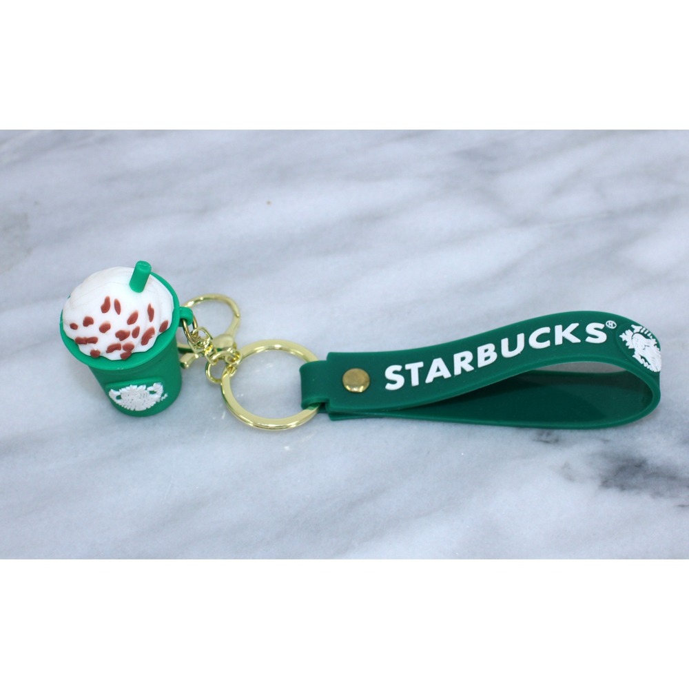 Starbucks Frappuccino Keychain Green Cup Silicone Wristlet Strap Gold Hardware